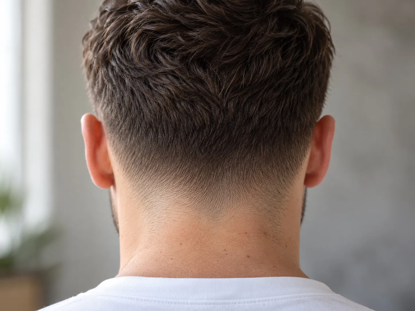 Close-up van een nette, getaperde nek bij een kort herenkapsel, van achteren gezien