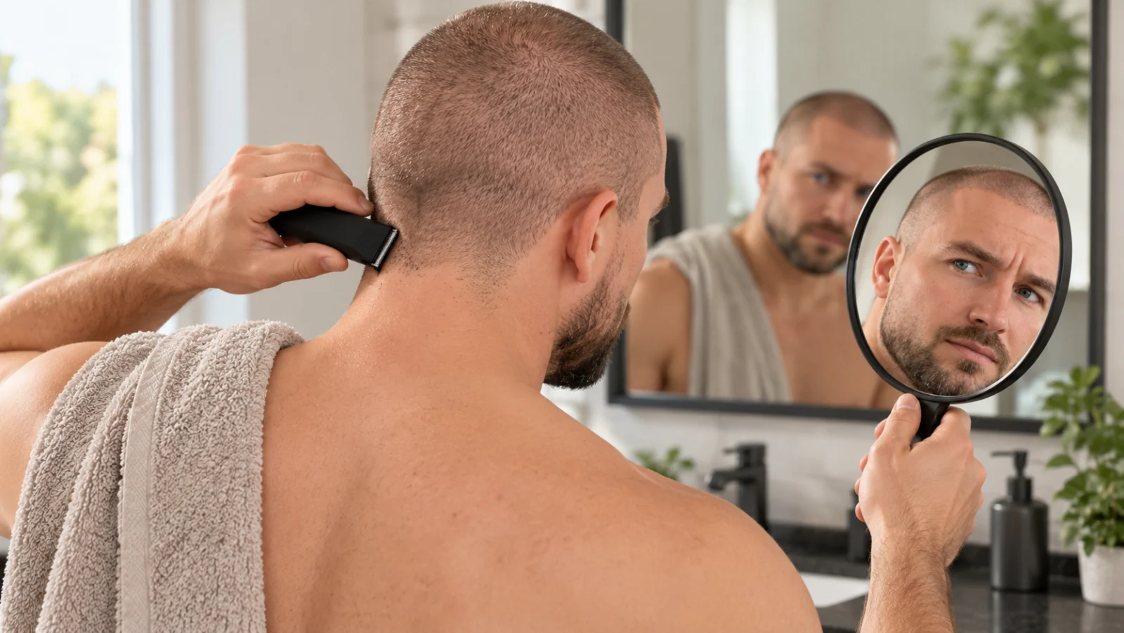 Man met een buzz cut en een volle baard die met een trimmer zijn nek uitscheert voor de spiegel