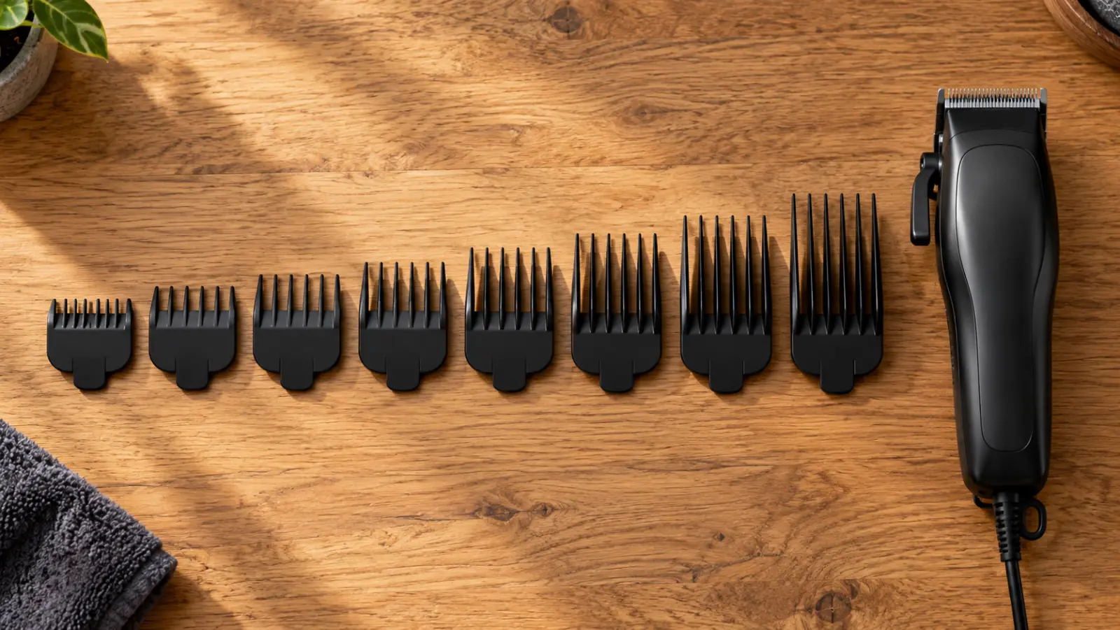 Een rij tondeuse-opzetstukken in oplopende lengte naast elkaar op een houten ondergrond
