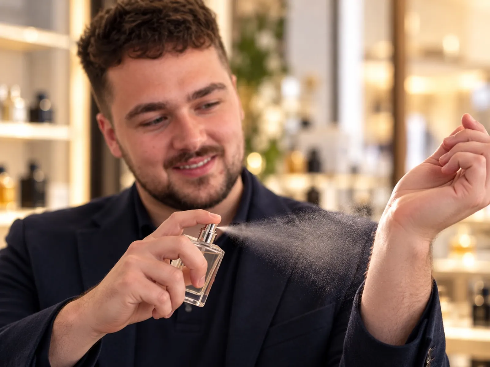 Man met krullen en een korte baard die in een parfumerie een geur op zijn pols spuit uit een blanco parfumflesje