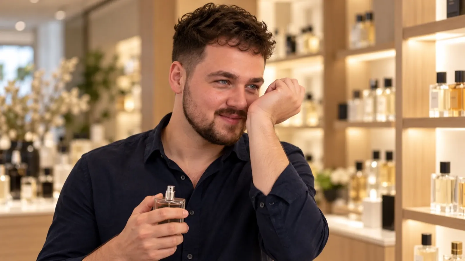 Man met krullen, een mid fade en een korte baard die in een lichte parfumerie aan zijn pols ruikt na het testen van een geur