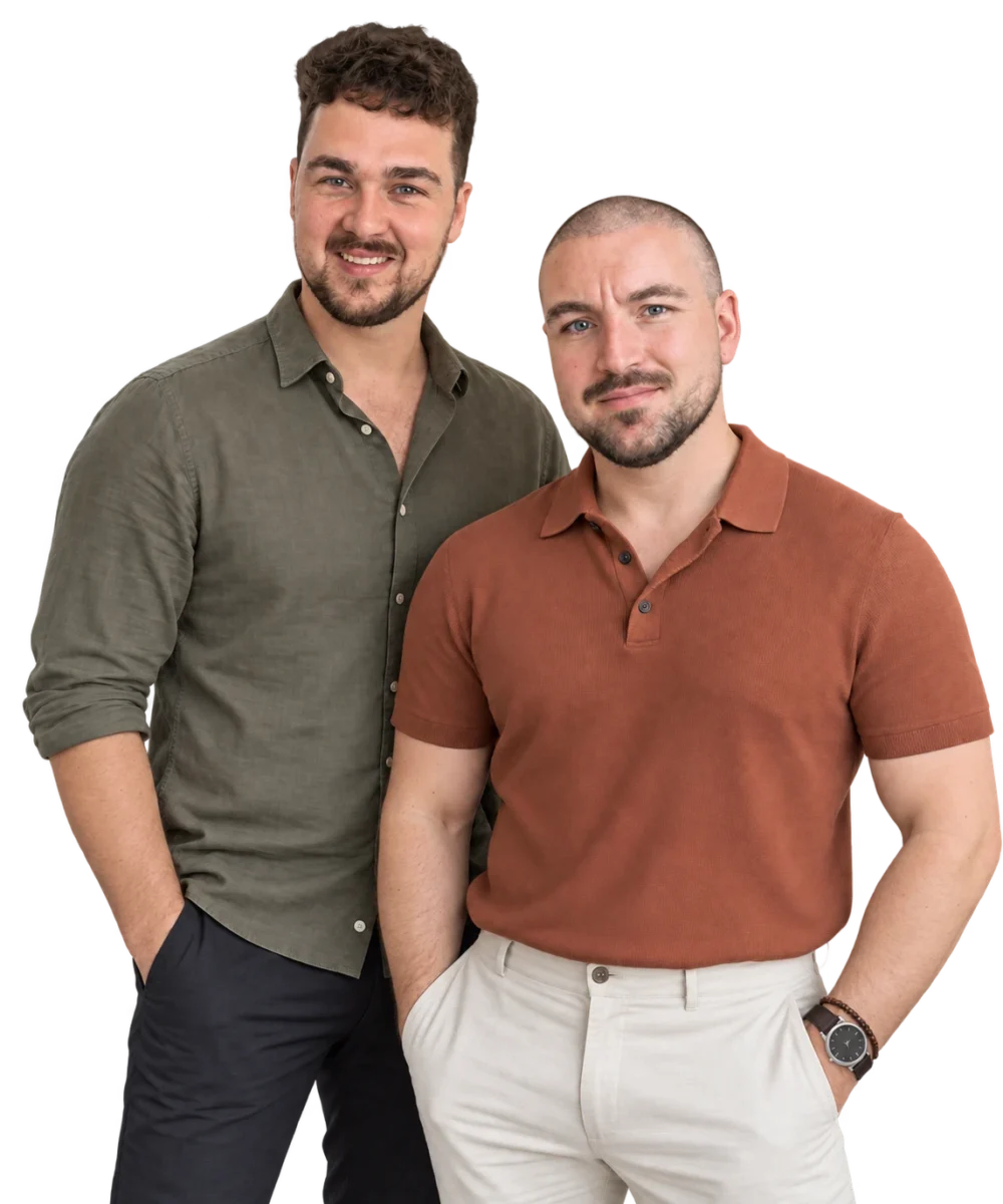 Pim (links) en Jens (rechts) met de verzorgingscategorieën van haar tot kin