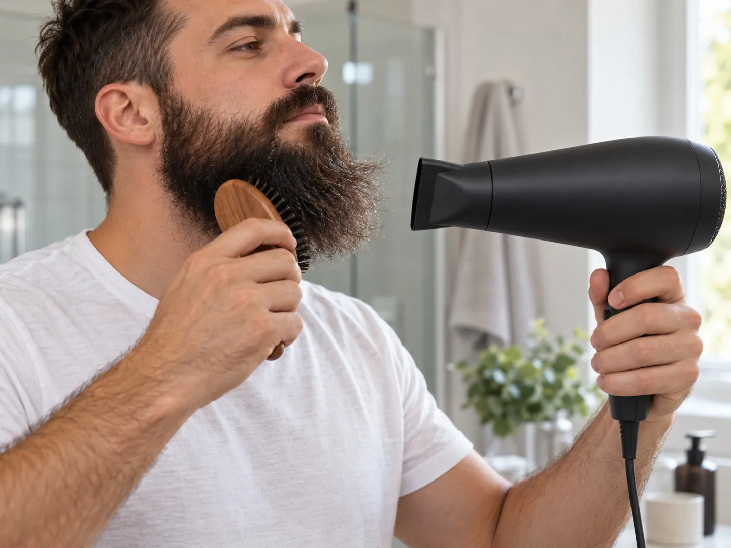 Man met een volle baard die zijn baard föhnt op een lage stand terwijl hij hem met een baardborstel naar beneden borstelt