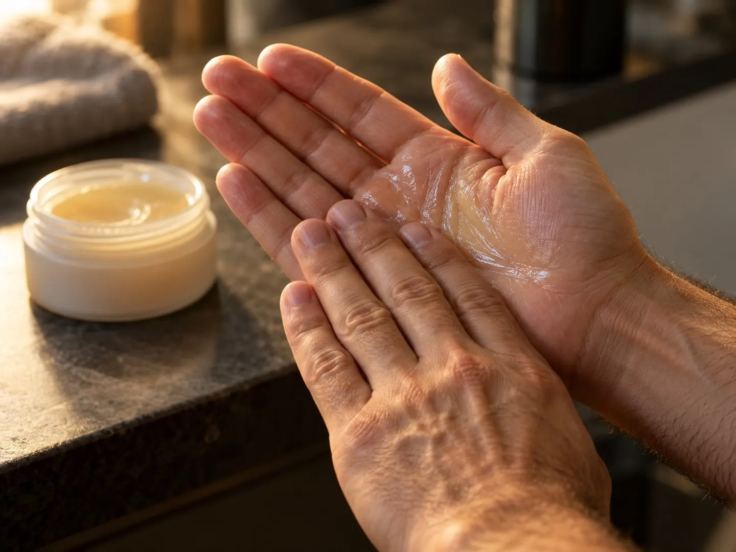 Close-up van twee handen die een erwtgroot beetje glanzende pomade tussen de handpalmen opwarmen