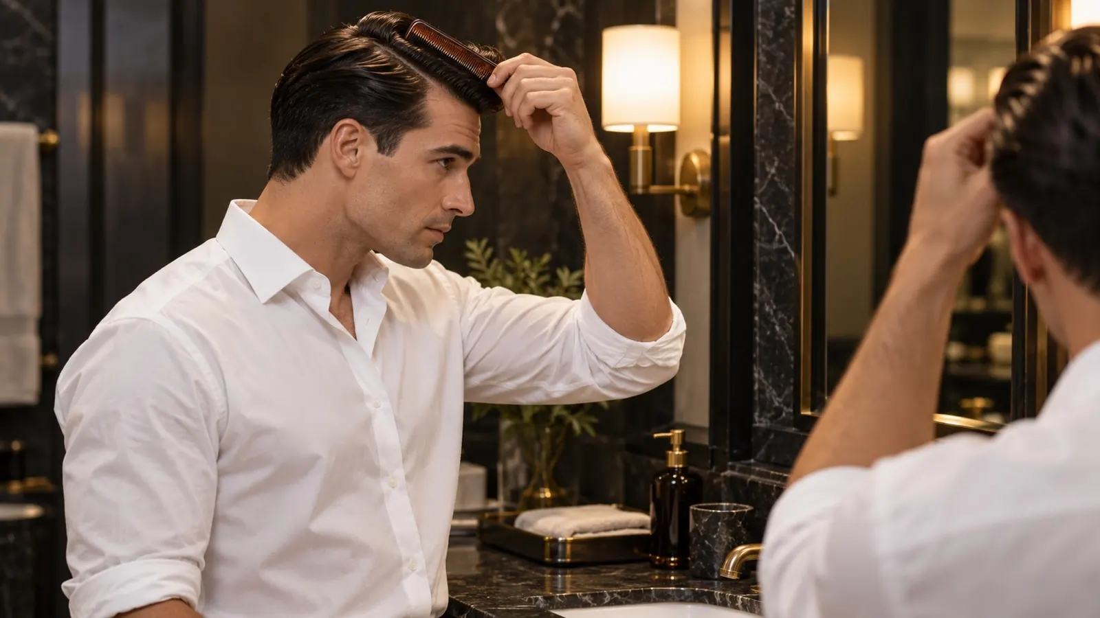 Man met een glanzende side part die zijn haar met een fijne kam in model brengt voor de spiegel