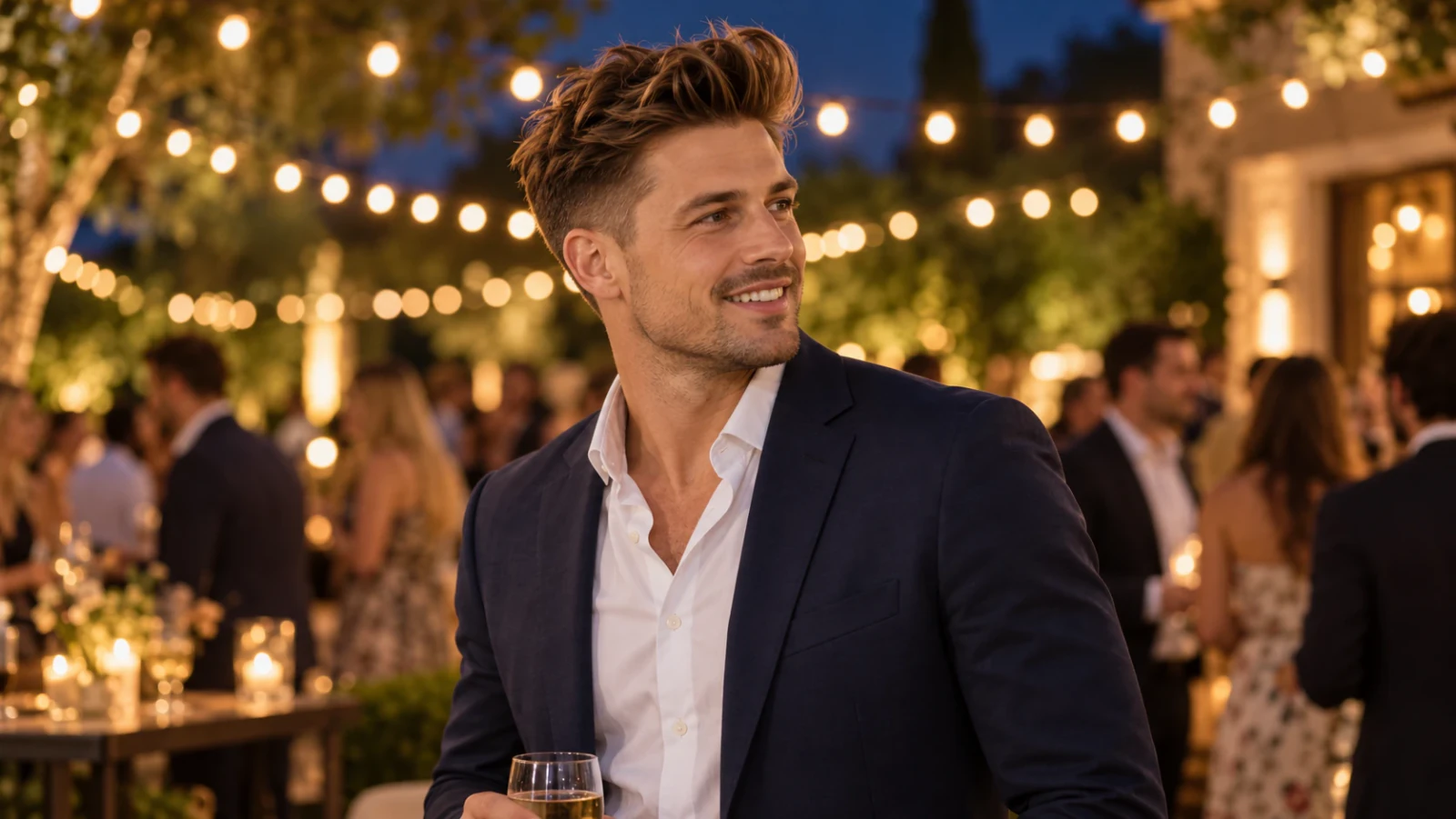 Man met een quiff: korte zijkanten en volume aan de voorkant, op een buitenfeest in de avond