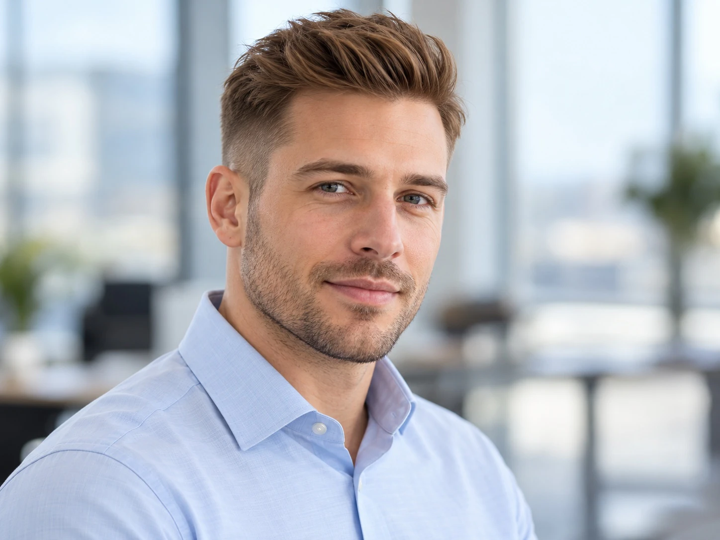 Man met steil haar en een korte, nette quiff met een low fade, schuin van voren gezien