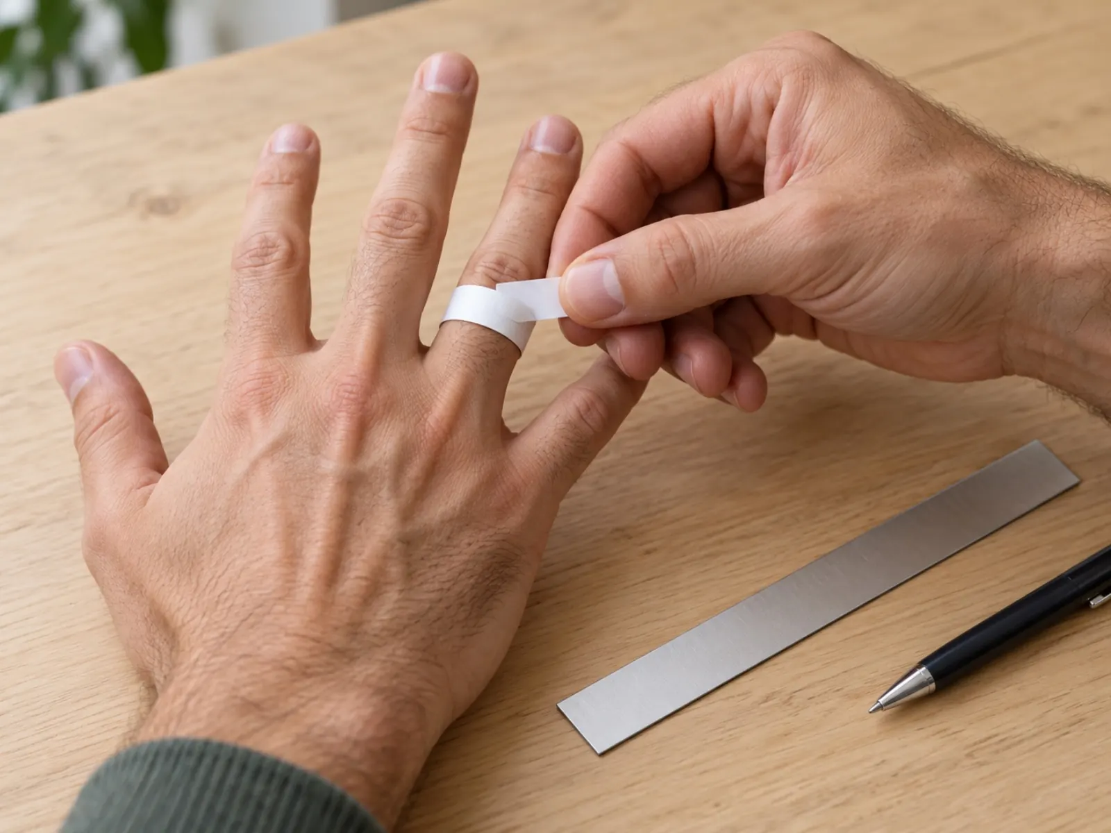 Close-up van een hand die een smal strookje papier om een vinger wikkelt om de ringmaat te meten, met een liniaal ernaast op tafel