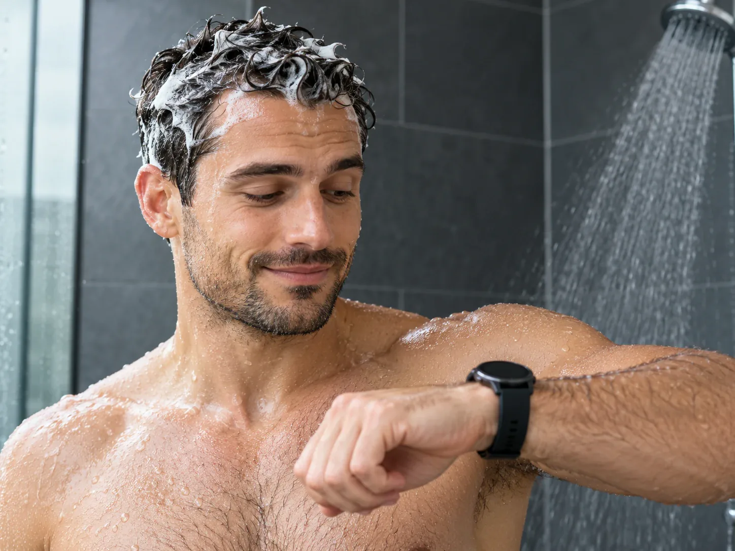 Man onder de douche met shampoo in zijn haar die op zijn horloge kijkt