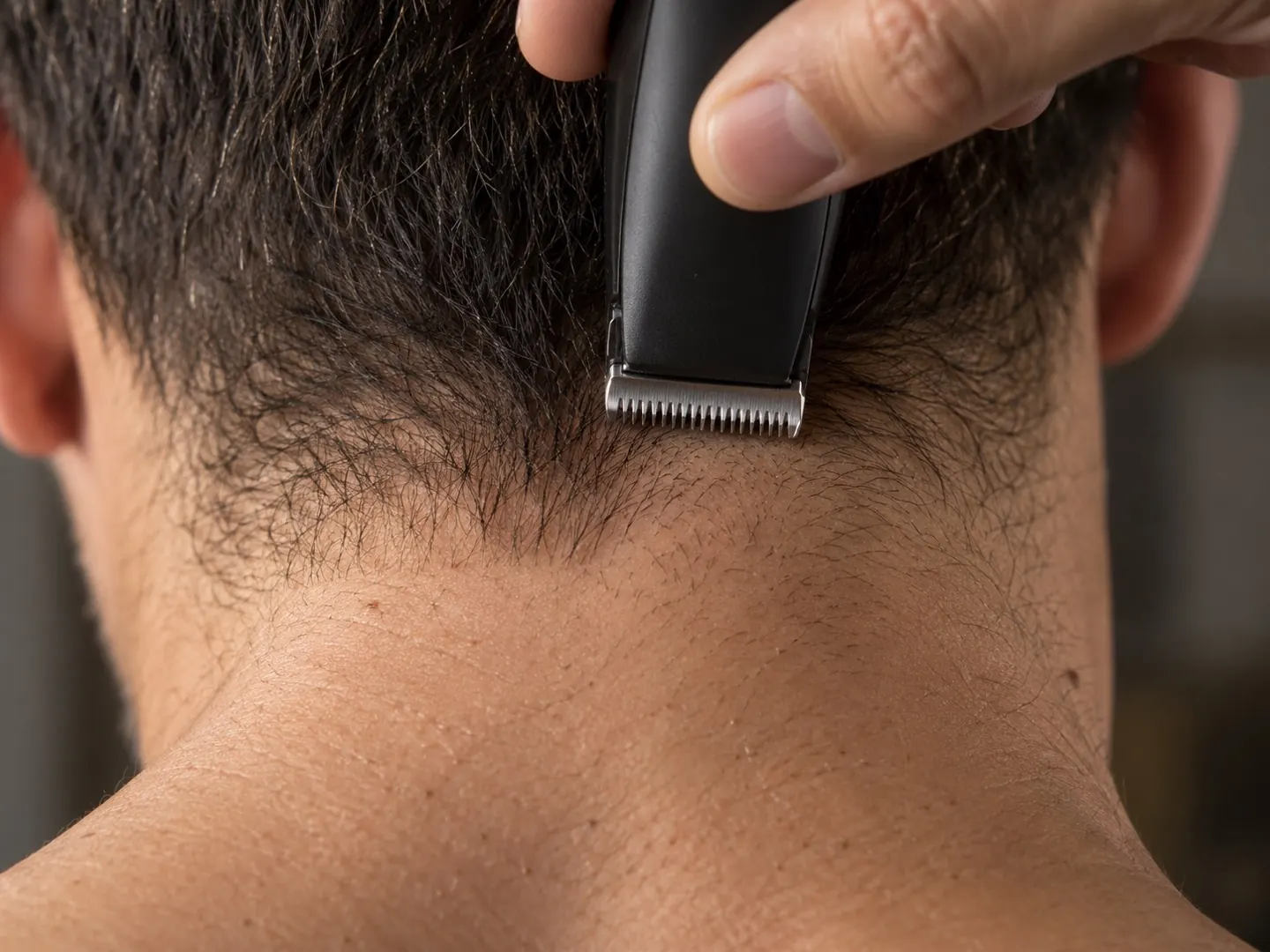 Close-up van een trimmer die met de groeirichting mee door de korte haren in de nek van een man gaat