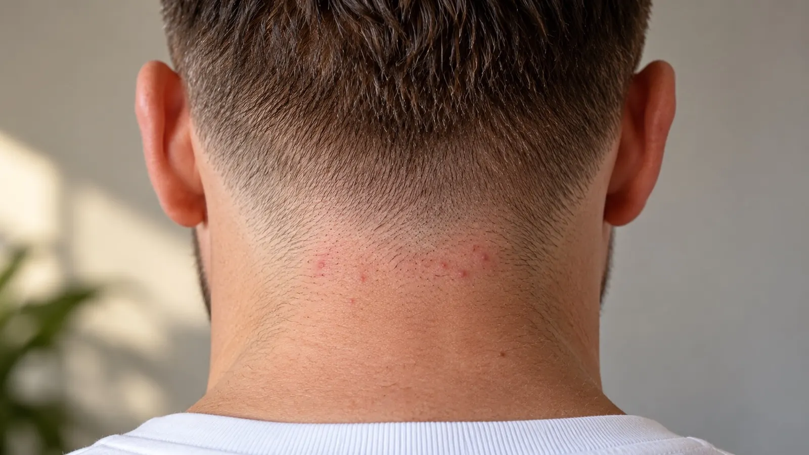 Close-up van de pas uitgeschoren nek van een man met een korte fade, met een licht rode huid onder de haarlijn