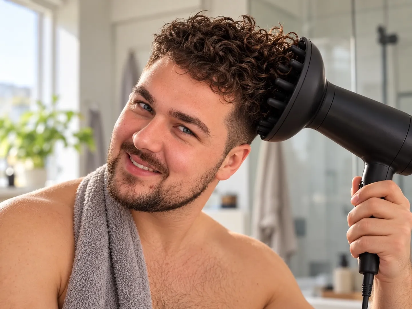 Man met krullen en een mid fade die zijn haar met een diffuser föhnt na het gebruik van sea salt spray