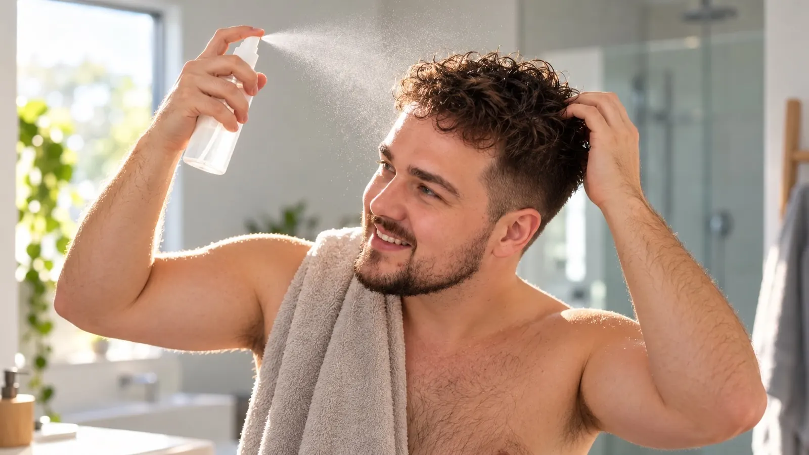 Man met krullen en een mid fade die sea salt spray uit een flesje zonder etiket in zijn vochtige haar spuit