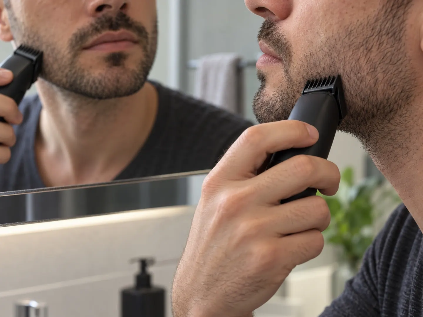 Man met een stoppelbaard die met een trimmer met opzetstuk over zijn wang gaat voor de badkamerspiegel