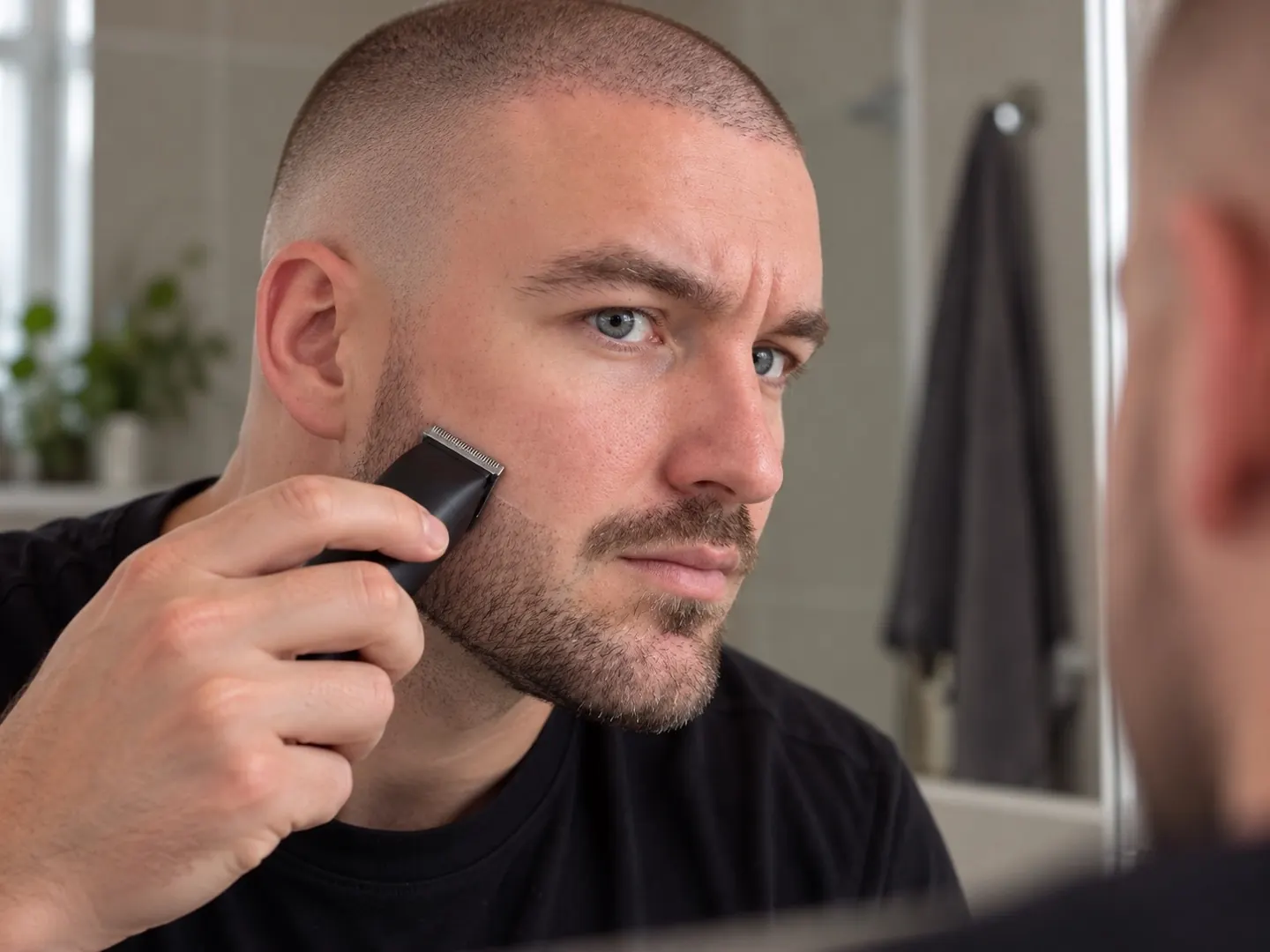 Man met een buzz cut, high fade en korte baard die met een smalle trimmer de lijn op zijn wang bijwerkt voor de spiegel