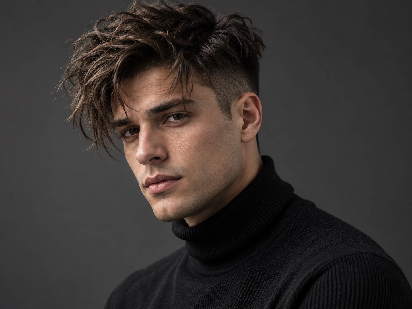 Man met een moderne undercut met losse, rommelige textuur bovenop die naar voren valt