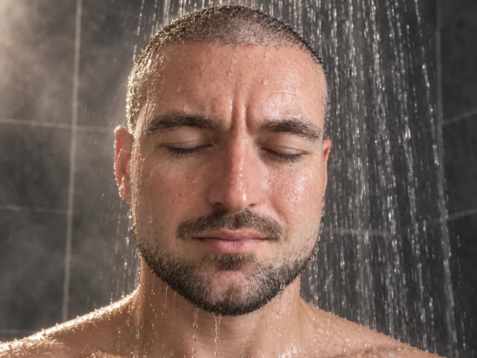 Man met een buzz cut en korte baard onder een douche in een moderne sportschoolkleedkamer, alleen hoofd en schouders in beeld