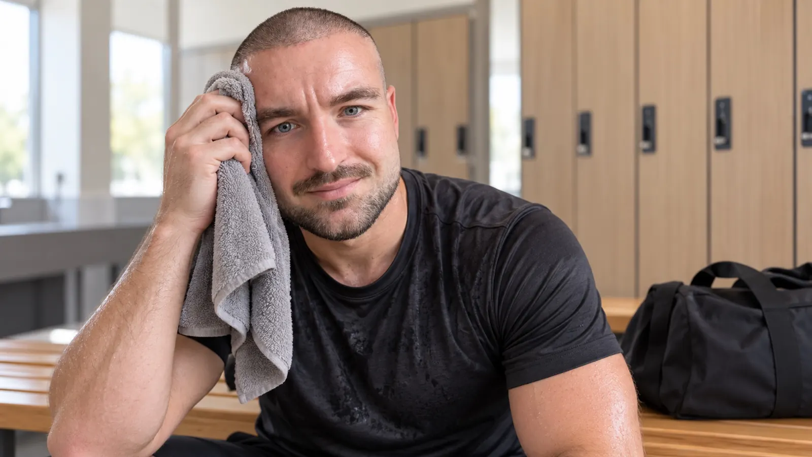 Man met een buzz cut, high fade en korte baard in sportkleding die na de training zijn gezicht afveegt met een handdoek in een kleedkamer