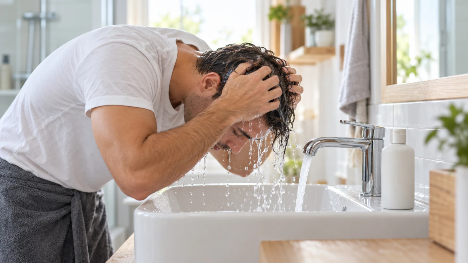 Man die zijn haar wast boven een wastafel in een lichte badkamer