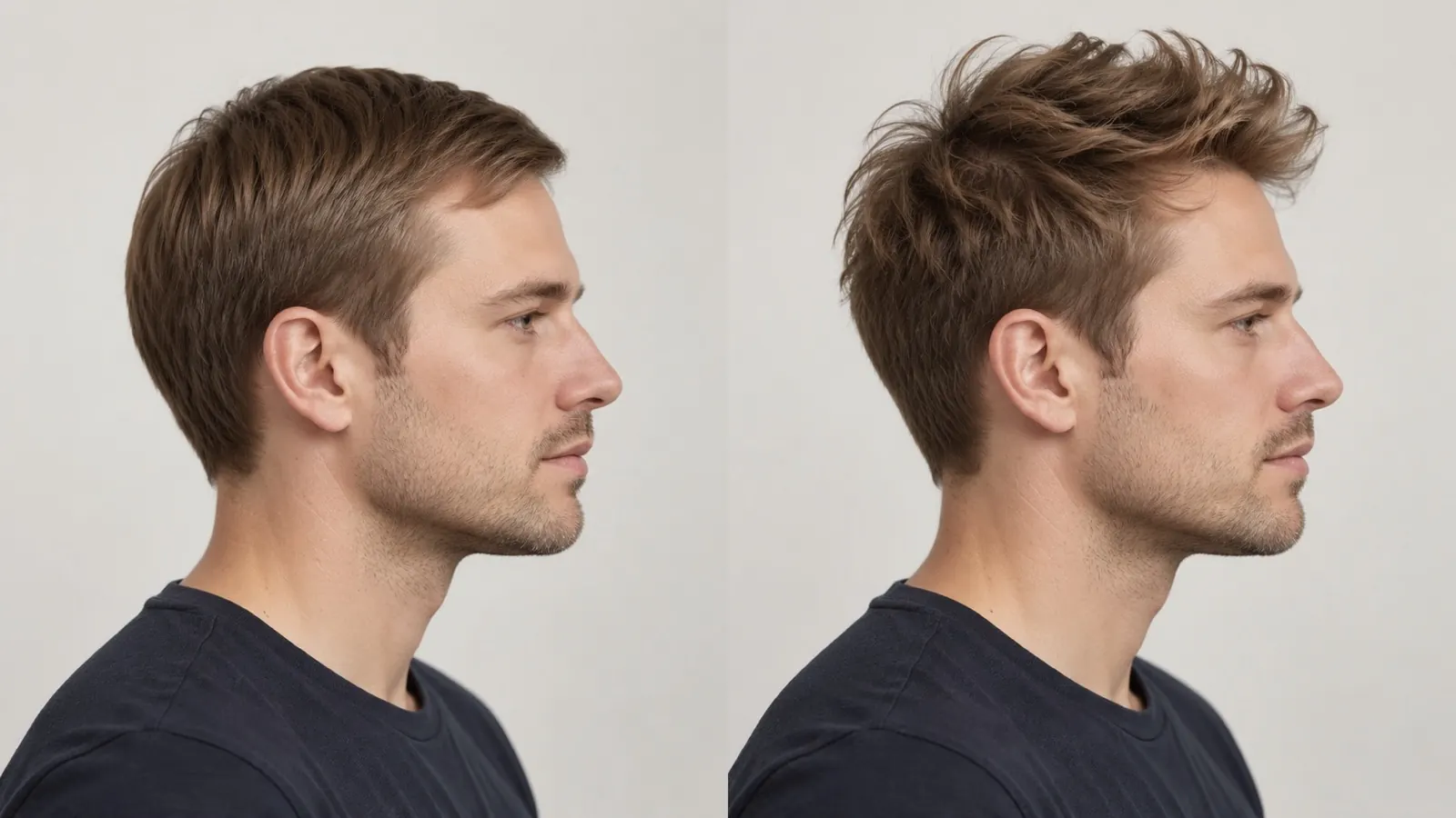 Twee foto's van hetzelfde korte, fijne mannenhaar naast elkaar, links plat en rechts met zichtbaar meer volume bij de wortels
