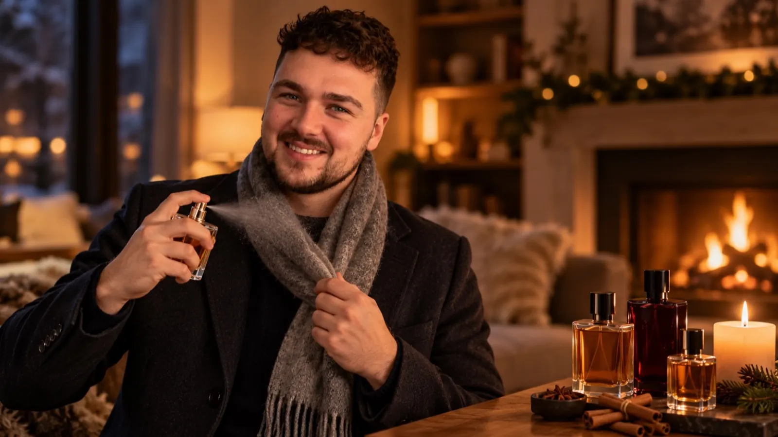 Man met krullen, een mid fade en een korte baard in een wollen jas die bij kaarslicht parfum op zijn sjaal spuit