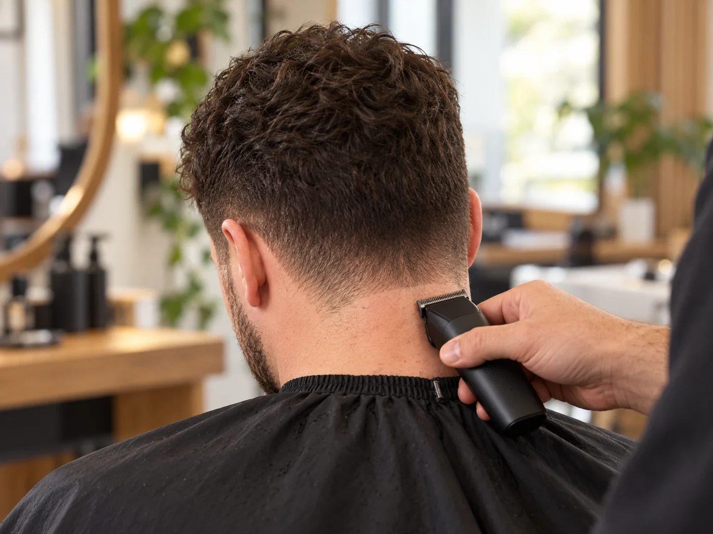 Kapper werkt de nek van een man netjes bij met een trimmer