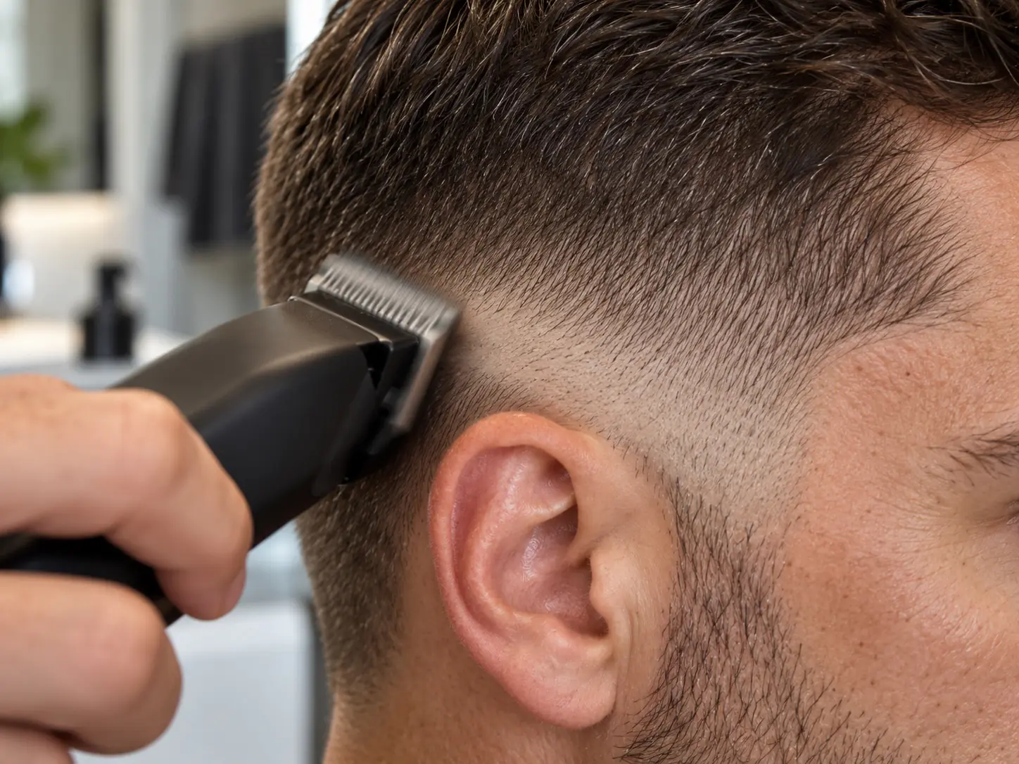 Close-up van een tondeuse die met een schepbeweging van het hoofd af wordt bewogen bij de overgang van een fade