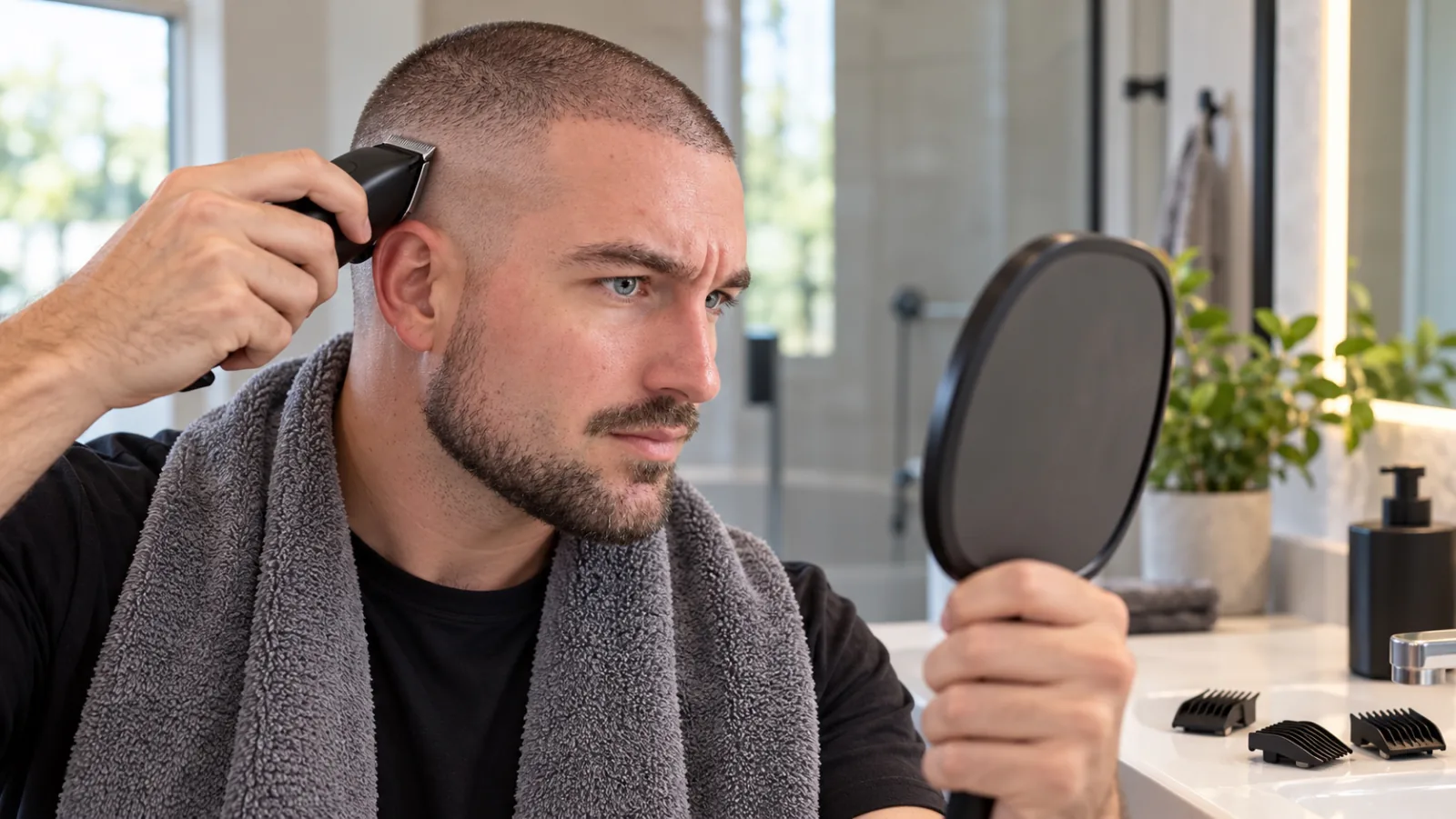 Man met een volle baard die met een tondeuse en een handspiegel zelf de fade aan zijn zijkant knipt