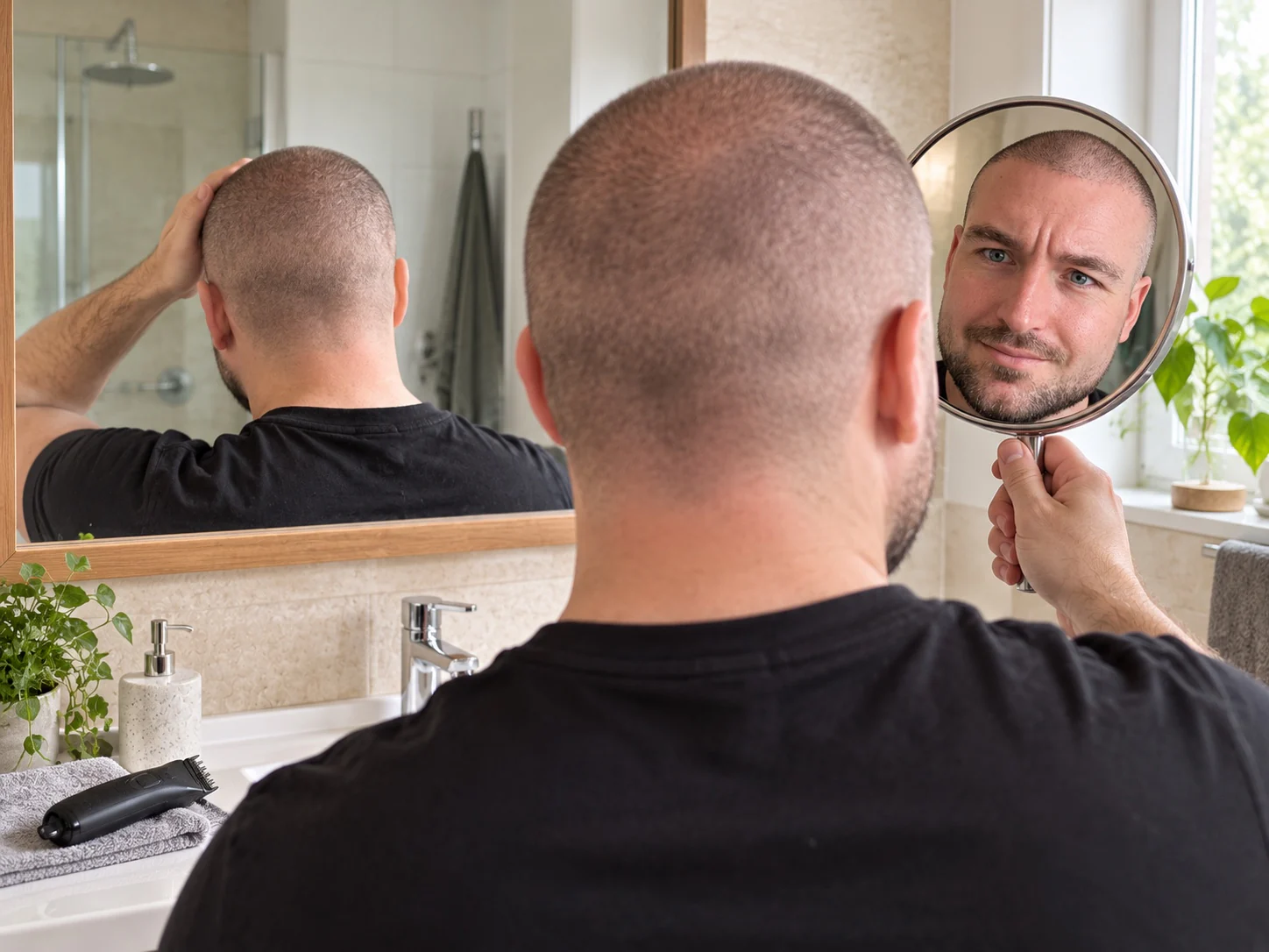 Man met een buzz cut die met een handspiegel zijn achterhoofd controleert in de badkamerspiegel