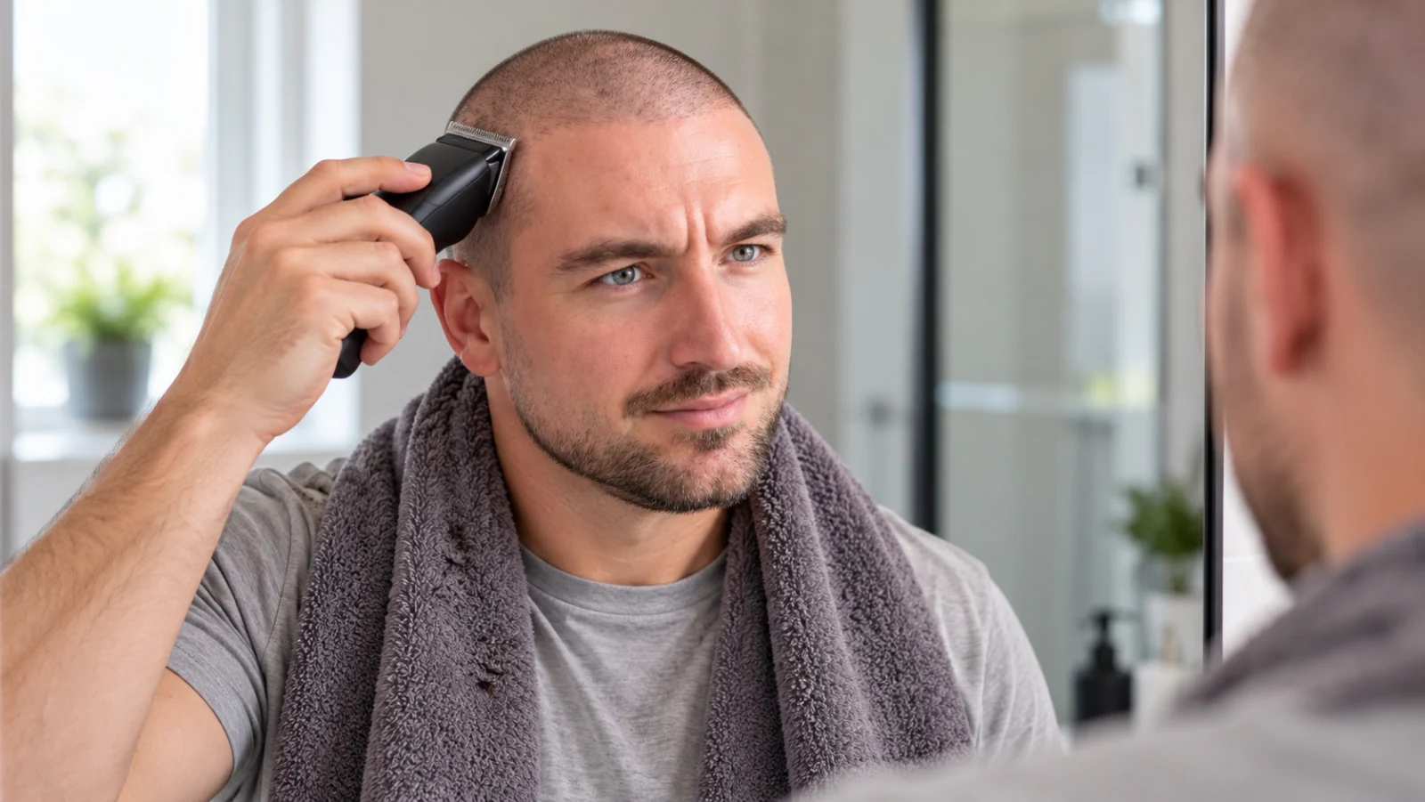 Man met een volle baard die in de badkamer zijn buzz cut bijknipt met een tondeuse