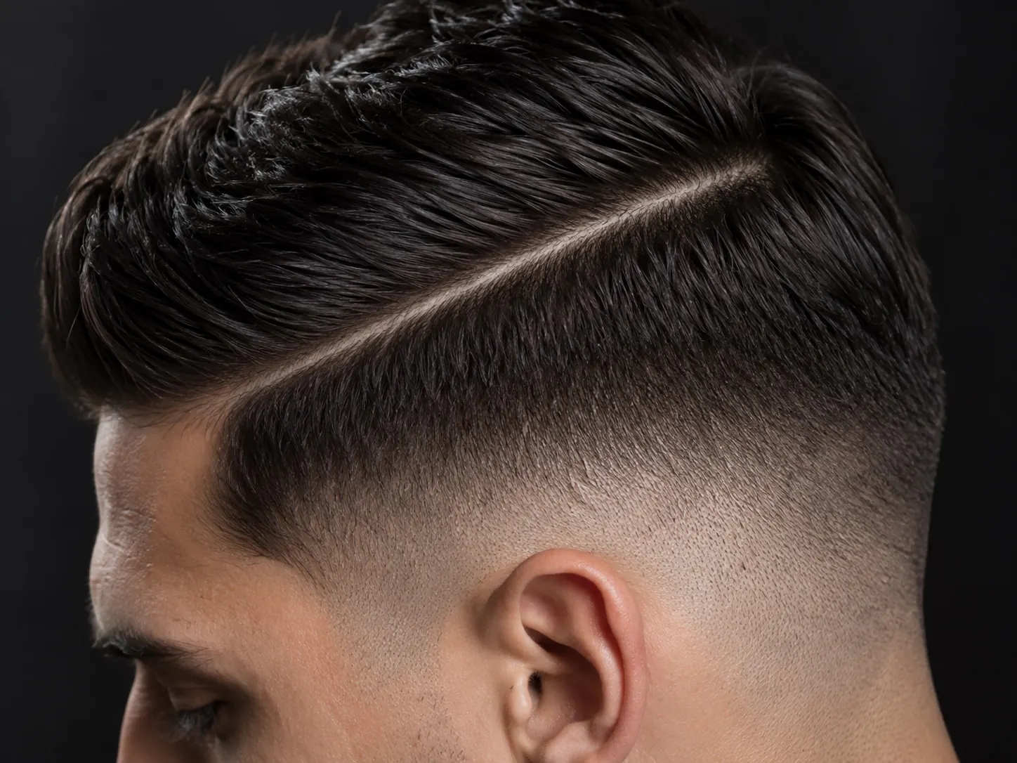 Close-up van een hard part, een smalle geschoren scheidingslijn in kort haar met een fade