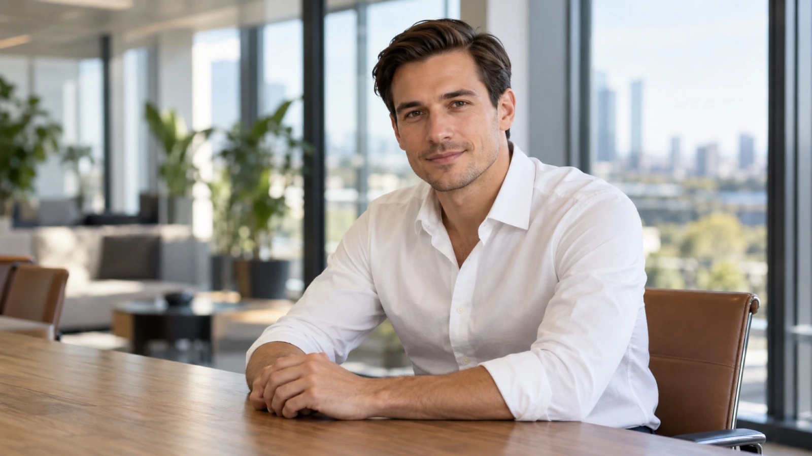 Man in overhemd met een nette side part en een taper aan de zijkant, schuin van voren gezien