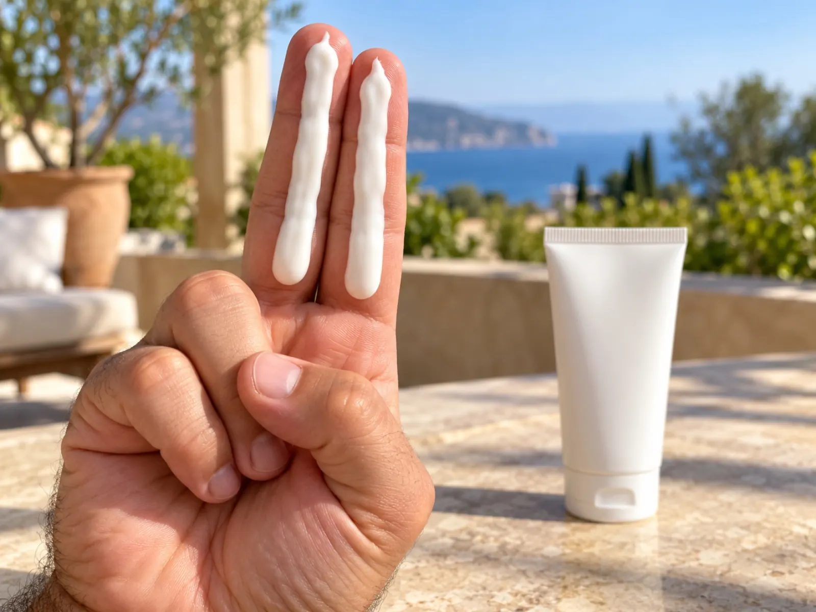 Close-up van een hand met een streep witte zonnebrand over de wijs- en middelvinger