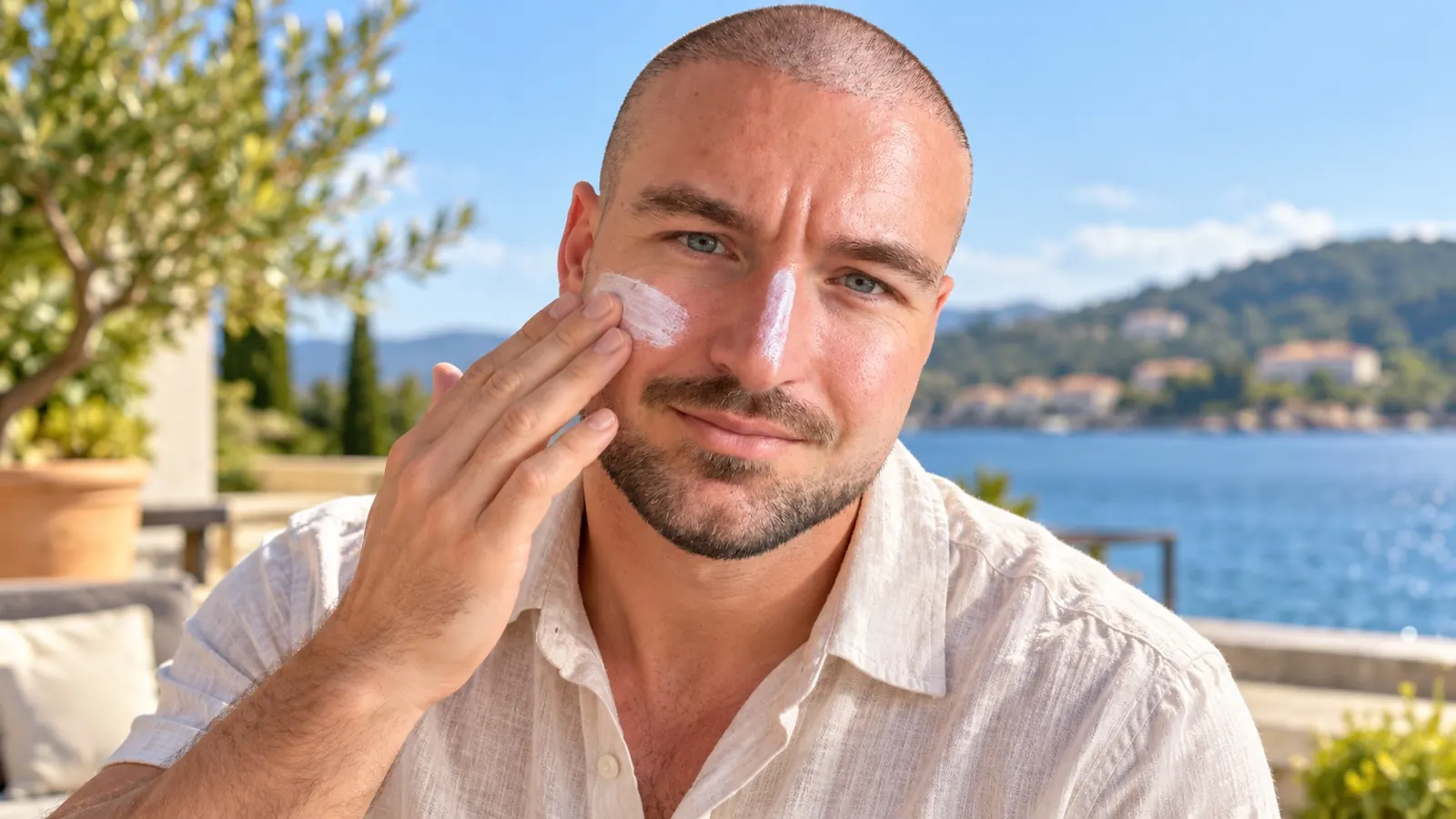 Man met een buzz cut, high fade en korte baard die buiten in de zon zonnebrand op zijn gezicht smeert